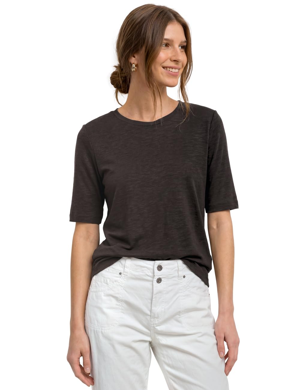 Street One Basic T-Shirt with Crew Neck in Plain Colour Black Coffee 34