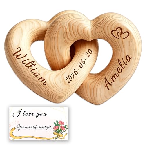 Custom Engraved Interlocking Wooden Hearts with Personalized Names – Romantic Couple Gift for Wedding, Valentine’s Day, 5th Wood Anniversary, Handcrafted Home Decor (Customized)