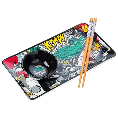 Image of Silver Buffalo Marvel Avengers Featuring Hulk, Iron Man, Captain America, Thor, Black Panther, and Spiderman Ceramic Sushi Set with Dipping Sauce Dish and Matching Chopsticks