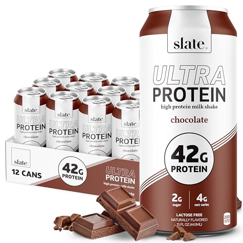 Slate Milk - Ultra Protein Shake - Chocolate - 42g Protein, 2g Sugar, 200 Calories, 4g Net Carbs - Lactose Free, No Added Sugar - Made with Ultra Filtered Milk - Breakfast Boost, Post Workout - 15 fl oz, 12 Cans