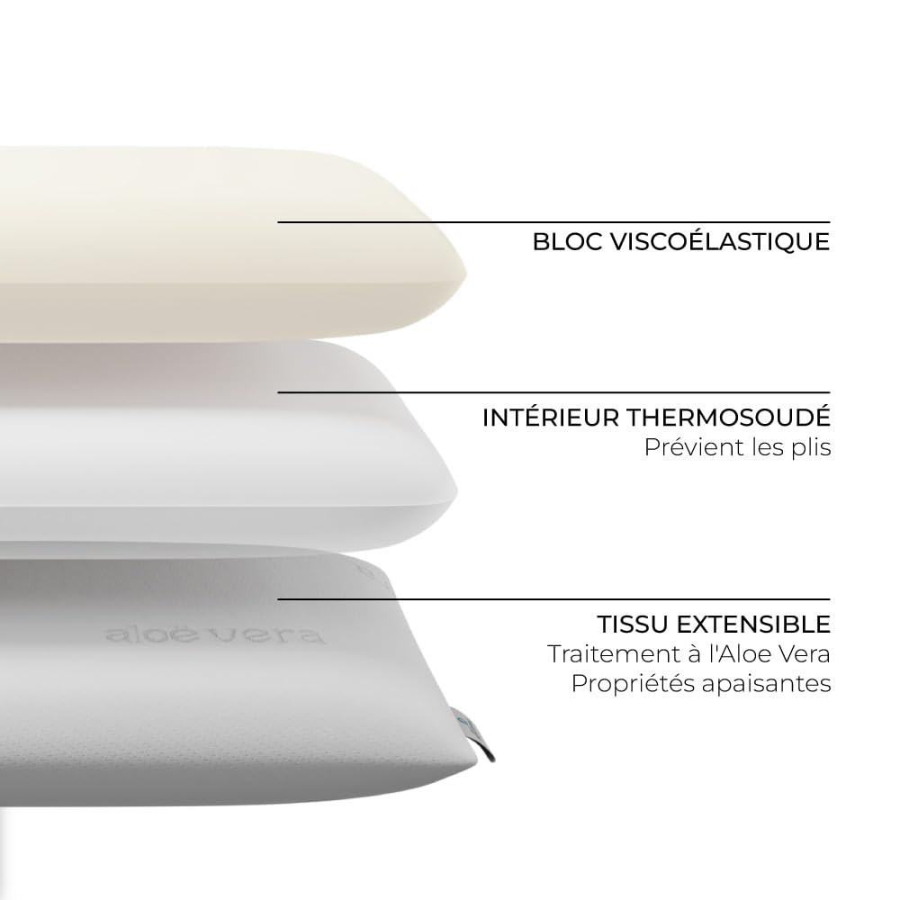 Don DESCANSO - Oreillers en Mousse Mémoire Aloe Vera Agatha avec Double Housse, 105cm, Respirant, Anti-acarien, Thermo-Ajustable, Fermeté Moyenne, Ergonomique, Adaptabilité Parfaite, Tissu Stretch