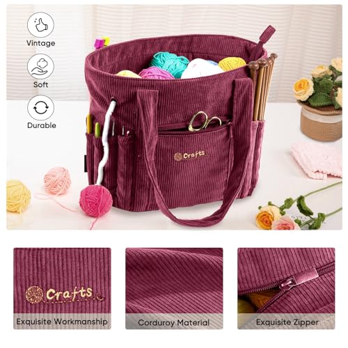 Image of MYBAGZING Crochet Bag and Tote - Corduroy Yarn Bag - Yarn Holder for Crocheting - Crochet Storage Bag for Crochet Hooks, Crochet Accessories, Knitting Bag for Crochet Lovers, Mother's Day Gift