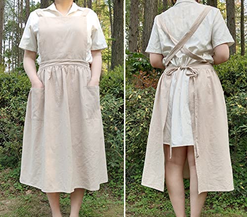 Cute Retro Cotton Linen X-Back Aprons Home Kitchen Garden Art Painting Pinafore Florist Shop Overalls (Beige, 39L) #TOP6