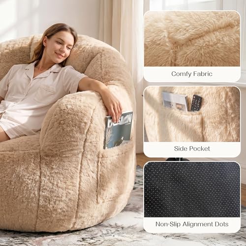 Image of Homkdom Giant Bean Bag Chair for Adults, Comfy Bean Bag Sofa with Armrests | Cozy Reading Chair & Stuffed Floor Sofa, Faux Fur Shell-Shaped Floor Chair for Living Room Napping, Gaming, Lounging, Brown