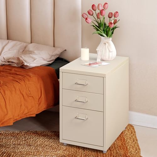 HollyHOME Archivador móvil de 3 cajones, organizador de carpetas bajo el escritorio, armario de almacenamiento de metal con ruedas para el hogar y la oficina, crema - imagen 2