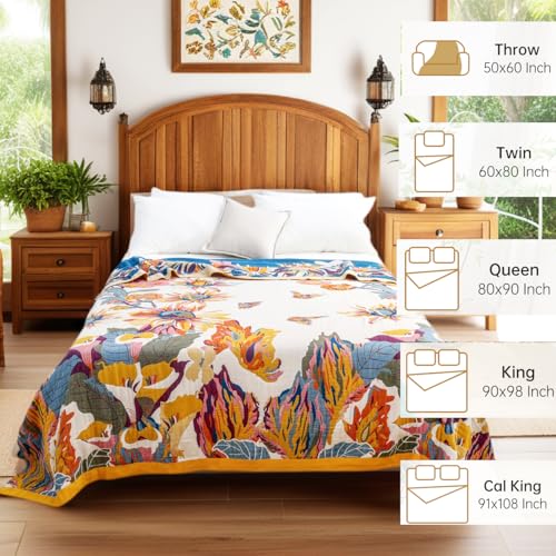 Image of VANJOROY King Extra Large Boho Throw Blanket Oversized 91 inch x 108 inch, 100% Organic Cotton Soft Bed Throw - Floral Bird Butterfly Pattern Farmhouse Blanket for Couch Sofa Chair and Gift.