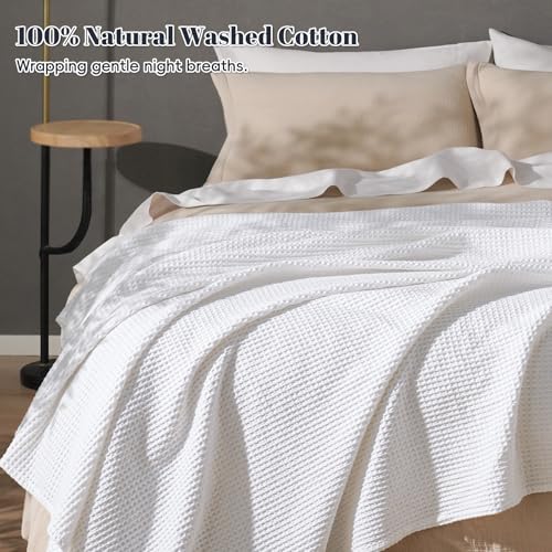 Image of PHF 100% Cotton Waffle Blanket Lightweight Breathable, Twin Size, White | Pre-washed Soft Cozy Summer Throw for Hot Sleepers, Textured Decorative Layer for Bed Couch Sofa Guest Room, Giftable