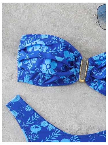 MakeMeChic Women's Floral Bikini Sets Strapless Bandeau Ring Metal Ruched Bathing Suit 2 Piece Swimsuits3