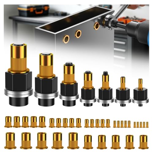 Carbon Steel Rivet Nut Tool Set, M3 to M12 Head Rivet Nut Tool Kit | Rivet Nut Mandrel Set, Carbon Steel, 7 Mandrels, 35 Nuts M3 to M12, Dual-use Manual/drill. Ideal for automotive, construction