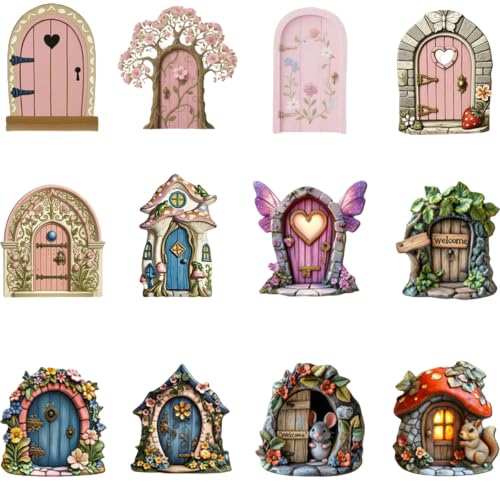 DXPETA Fairy Garden Accessories Whimsical Decor Fairy Doors for Garden Create Magical Garden Displays and Fairy Village Decorations Set of 12 Wooden Fairy Doors