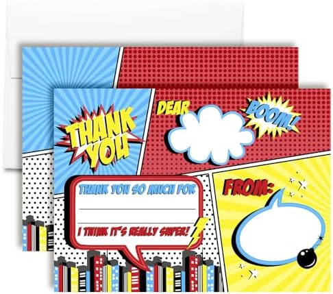 Amanda Creation Superhero Thank You Cards, 10 Pack 4x5.5 Kids Thank You Cards Fill in the Blank with White Envelopes, Comic Book Birthday Design, Made in USA image 3