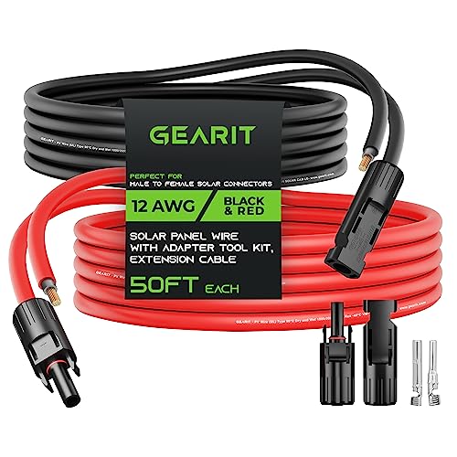 GearIT 12AWG Solar Extension Cable (50FT Black – 50Ft Red) Male to Female Solar Connectors with Adapter Tool Kit, Solar Panel Renewable Energy, 12 Gauge Pure Copper Extension Cord, 50 Feet