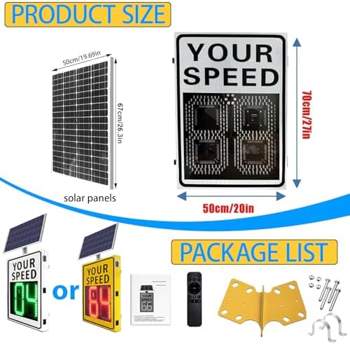 Solar Powered Speed Limit Sign, Radar Traffic Feedback Board, Remote Control Adjustable, IP65 Waterproof, 24x35in Safety Alert for Drivers, Yellow Road Warning Sign