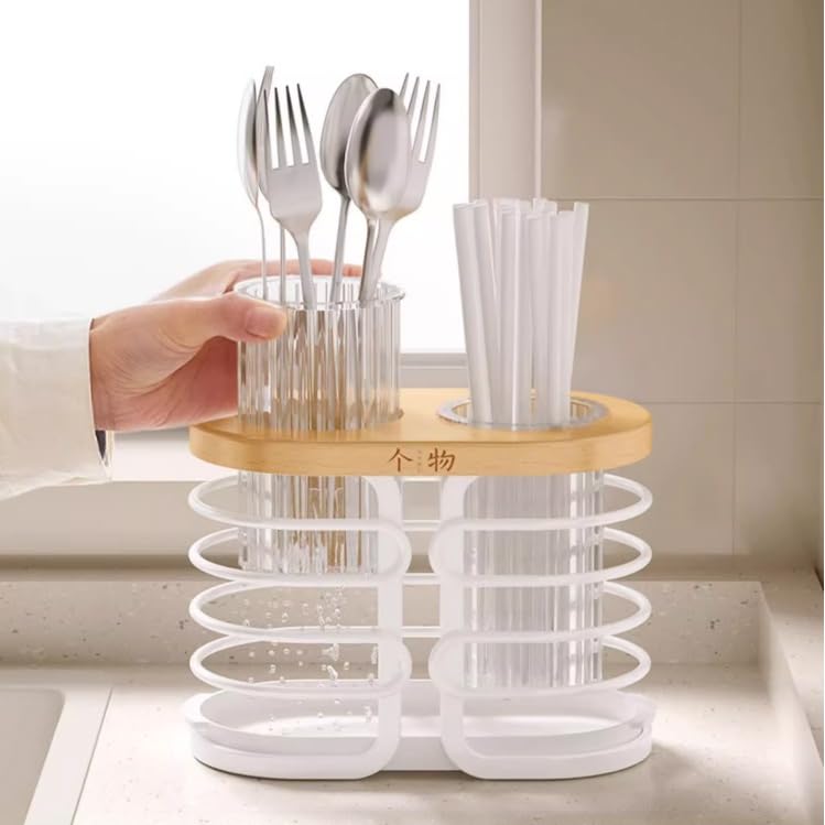 Encimera Organizador de cubiertos de cocina con marco de haya de alambres de metal blanco, soporte for utensilios de 2 compartimentos, estante de drenaje for cubiertos for encimera Organizador