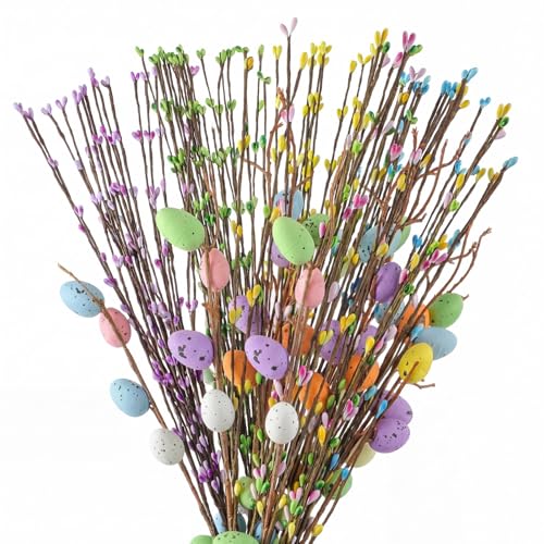 Juinte 26 Pcs Artificial Easter Spray Vine with Pastel Eggs and Berries Floral Stems...
