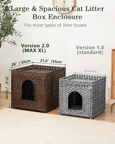 Image of SETVSON Cat Litter Box Enclosure, Large PE Rattan Side Table, Brown