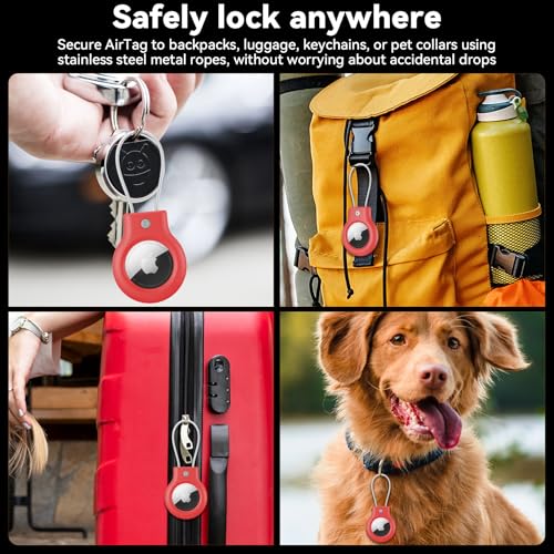 Image of Meliya at Holder for Apple at Secure Holder with Wire Cable, 4 Pack Air Tag Lock Case Keychain Key Ring Key Chain Luggage Tag for Keys, Luggage & More - Red