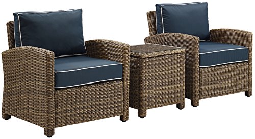 Crosley Furniture Ko70052Wb-Nv Bradenton Outdoor Wicker 3-Piece Seating Set (2 Arm Chairs, Side Table), Weathered Brown With Navy Cushions #TOP1