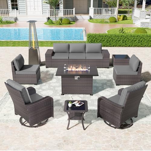 Kullavik-11-Pieces-Outdoor-Patio-Furniture-Set-with-Gas-Propane-Fire-Pit-TablePE-Wicker-Rattan-Sectional-Sofa-Patio-Conversation-Sets-with-Pyramid-Patio-HeaterSwivel-Rocking-Chairs-SetGrey Kullavik 11 Pieces Outdoor Patio Furniture Set with Gas Propane Fire Pit TablePE Wicker Rattan Sectional Sofa Patio Conversation Sets with Pyramid Patio HeaterSwivel Rocking Chairs SetGrey