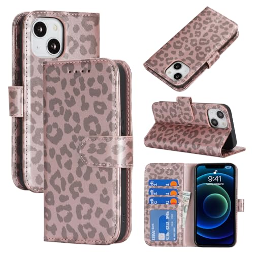 Image of for iPhone 13 Mini Case Wallet with Card Holder,for iPhone 13 Mini Wallet Case for Women Men,PU Leather Shockproof Magnetic Buckle Stand Flip Phone Case-Rose Gold Leopard