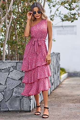 Prettygarden Women's Summer Floral Sundress Casual One Shoulder Tiered Ruffle Flowy Midi Beach Boho Dresses (Floral Red,Large) #TOP7
