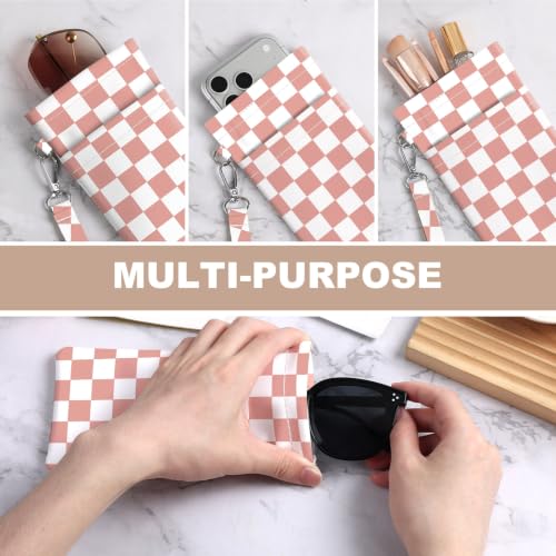 RZxfwsyd Double Layer Soft Eyeglass Case, Portable PU Leather Squeeze Top Sunglasses Glasses Bag Pouch with Cleaning Cloth Travel for Women Men,Pink checkered by RZxfwsyd - Image 4