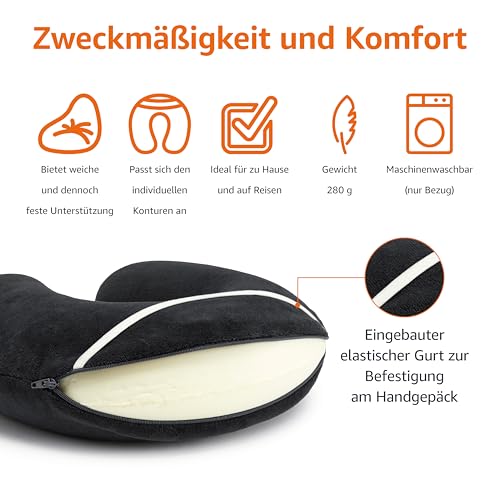 Amazon Basics Halbkreisförmig Nackenkissen aus Memoryschaumstoff, Schwarz