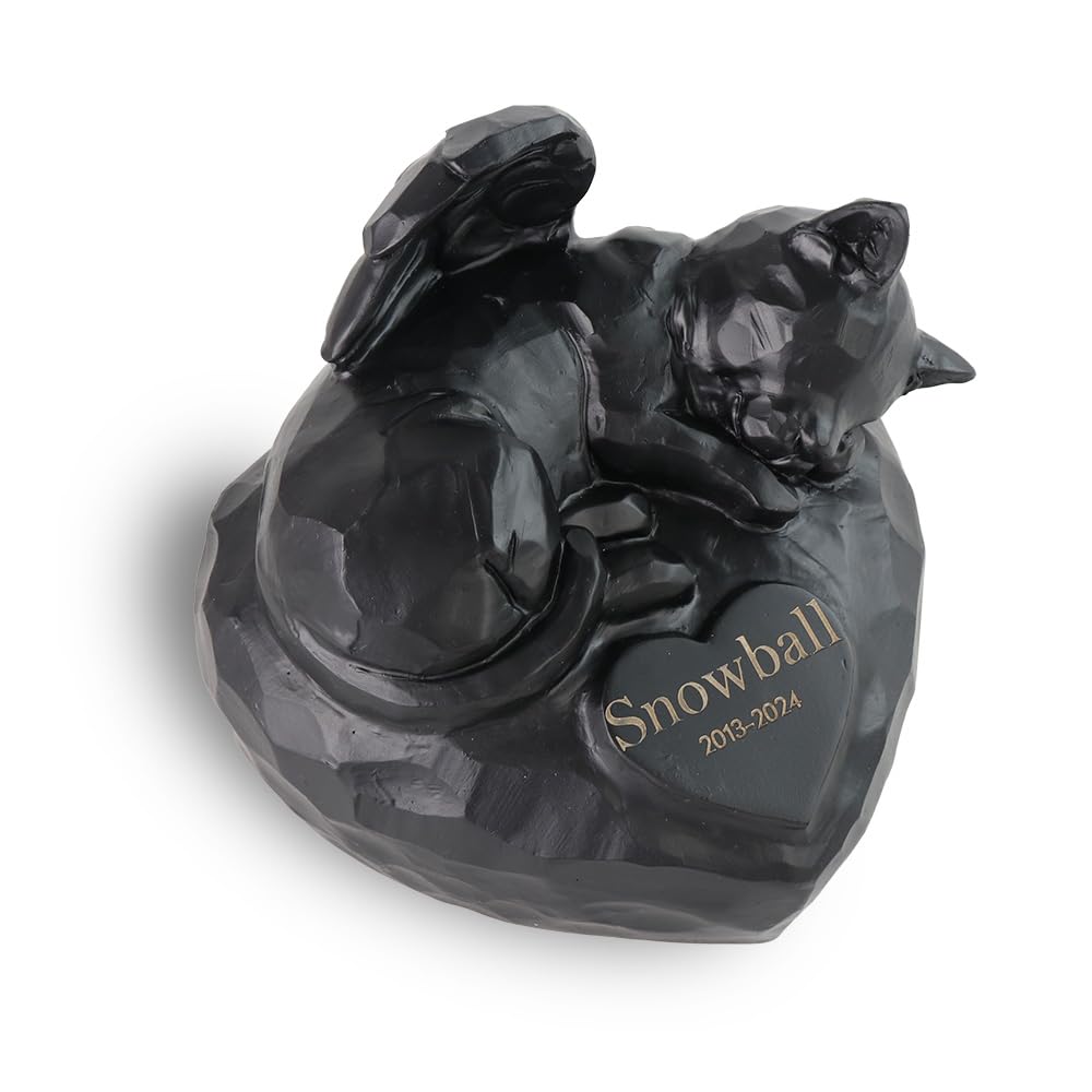 Generic Black Angel Cat Shape Urns for Ashes - Personalized Memorial Cat Ashes Urn with Engraving Your Pet's Name,Date,Sympathy Urn for Loss of Pet Cat