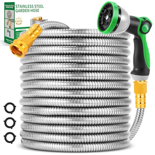 Toolasin Garden Hose 50ft, Flexible Stainless Steel Metal Water Hose with 10-Function Nozzle,...
