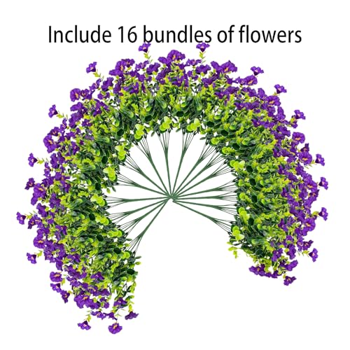 Artificial Flowers for Outdoors16 Bundles of UV-Resistant Silk Morning Glory with Eucalyptus-Realistic Faux Plants as Perfect Filler for Home Planter Porch & Garden Decor (Purple) image 3