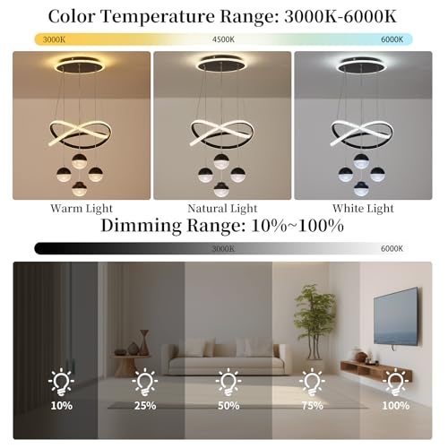 Modern Black LED Chandeliers, LED Pendant Light Dining Room Light Fixtures Over Table Dimmable with Remote Control Adjustable Modern Chandeliers for Dining Room Kitchen Island Living Room Bedroom by BCGMYLN - Used condition - Image 4