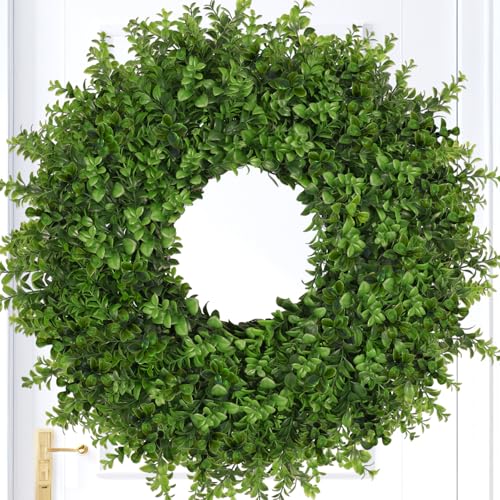 Image of 26 Inch Large Boxwoods Wreaths for Front Door Artificial Green Leaves Greenery Indoor Outdoor Wreath Home Decor Porch Window Wall Farmhouse Door Decorations Spring Summer Fall All Seasons