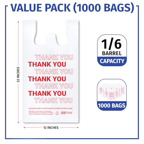 Bagtron Thank You T-Shirt Carry-Out Bags, Disposable Plastic Bags with Handles for Shopping and Restaurant, 1/6 Barrel, 0.49 Mils, White/Red, 12\" x 7\" x 22\" Large, 1000 Count