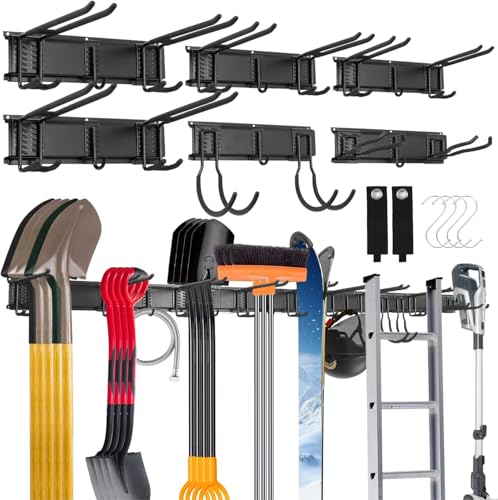 Sinoer Organisateur mural d'outils 244 cm (96") - Porte-outils de garage avec 18 crochets + 4 crochets en S et 2 sangles - Pour équipement de ski, pelles, râteaux, outils de jardinage