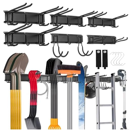 Sinoer Tool Organizer Wall Mount, 96 Inch Garage Storage Wall Organizer, Garden Tool Storage Rack with 18 Hooks+ 4 S-hooks & 2 straps - suitable for ski equipment, shovels, rakes，chairs