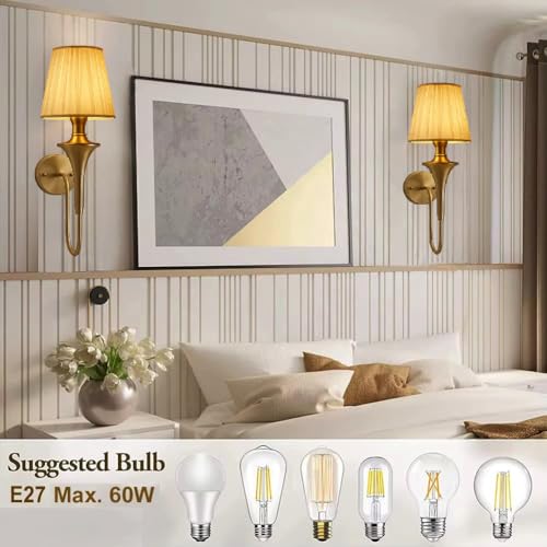 Image of Groeien Pack of 2 | Fabric Shade Contemporary Brass Finish Wall Lamp for Bedroom, Livingroom, Indoor(Bulb is Included) (Fabric-White Shade, 2)