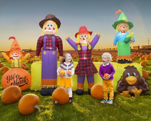 10 FT Thanksgiving Inflatables Fall Outdoor Decorations Blow Up 4 Scarecrow Family & Hay Bale & Turkey Built-in 9 LED Lights & Blower Perfect Thanks Day Autumn Harvest Yard Garden & Lawn Dcor