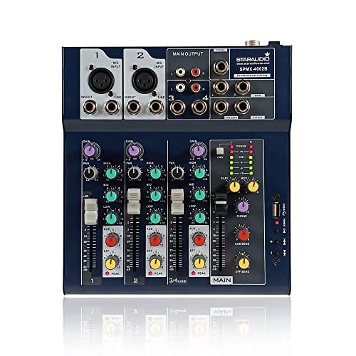 Professional Audio Mixer, STARAUDIO 4-Channel Mixing Console with USB Audio Interface, Stereo...