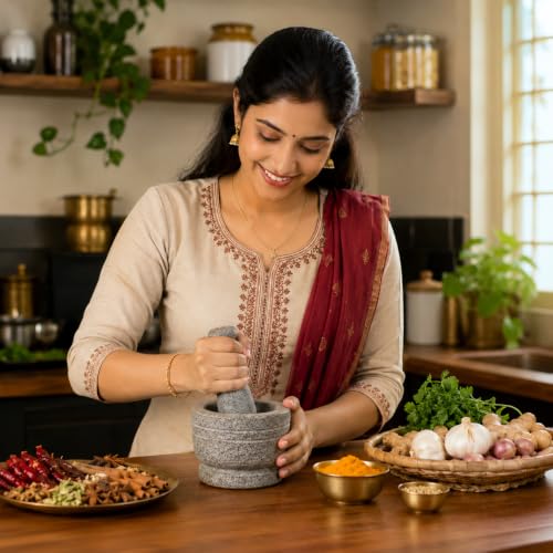 Image of EZAHK Mortar and Pestle Set for Spices, Okhli Masher, Khalbatta, Kharal, Mixer, Natural & Traditional Grinder and Musal, 4 inch Width and 3 inch Height(Grey)