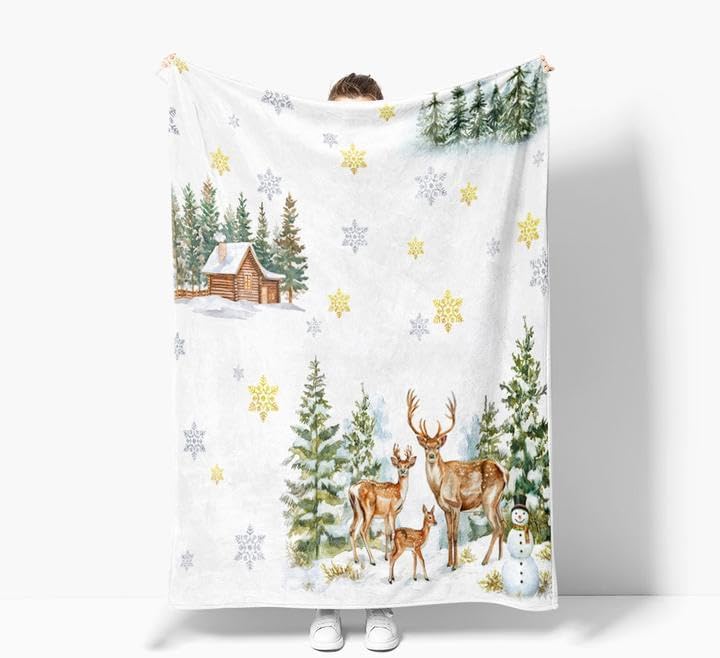 Christmas Throw Blanket, Winter White Elk Deer Green Pine Tree Gold Snowflake Yeti Cozy Winter Blanket, Warm Winter Cabin Throw Plush Throw Blankets for Bed, Sofa, Chair - Extra Cozy, 60X80.