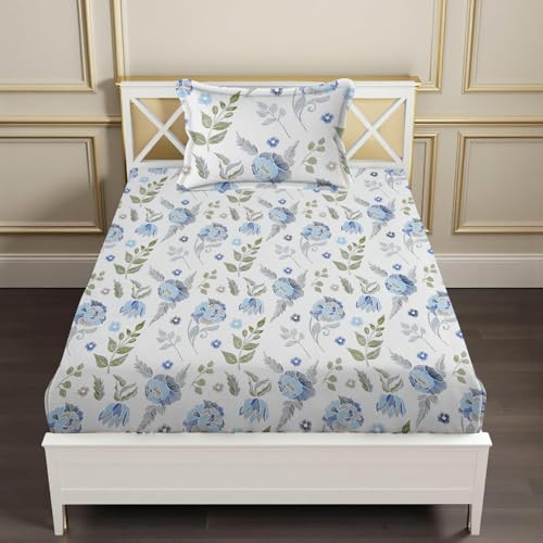 Image of 240 TC Soft Ezyption Floral Single Bed Sheet Cotton - Single bedsheet with 1 Pillow Cover Hypoallergenic, Brethable, (Size- 60 x 90 Inch | White Grey