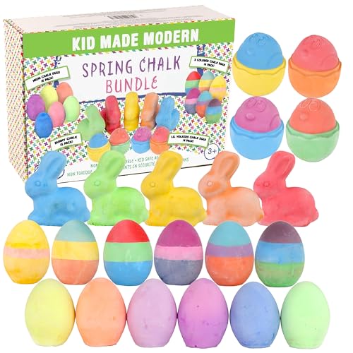 Kid Made Modern Ultimate Sidewalk Spring Chalk Bundle - 6 Neon, 6 Colored, 4 Lil Yolkers Eggs & 5 Bunny Chalks - Dustless, Washable, Non-Toxic, Easy Grip - for Kids Ages 3+ Outdoor Art & Drawing Fun