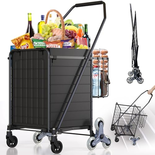 Stair Climbing Shopping Cart for Groceries, 280LBS Load Grocery Cart with Waterproof Liner, 360° Rolling Swivel Wheels, Heavy Duty Utility Cart Folding Shopping Carts for Laundry Luggage Gift