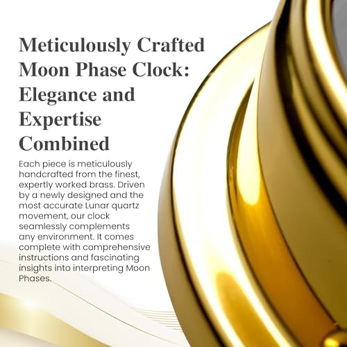 Tabic Handmade Prestige Moon Phase Clock in Solid Brass - Elegant Full Moon Wall Clock with Jet Black Dial, Stunning Look with Mirrored Backdrop and Chrome Hands, Perfect Decorations and Gift