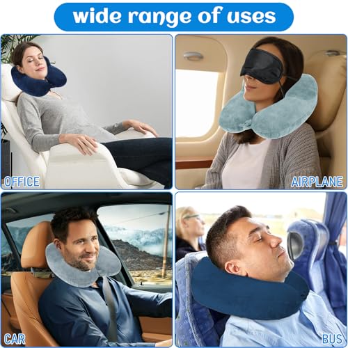2 Set Inflatable Travel Pillows, Portable Neck Pillow Support for Sleeping with Compact Bag and Blindfold, Soft Velvet Plane Pillow for Traveling, Car, Train, Office(Gray and Blue) by TEUN - Image 5