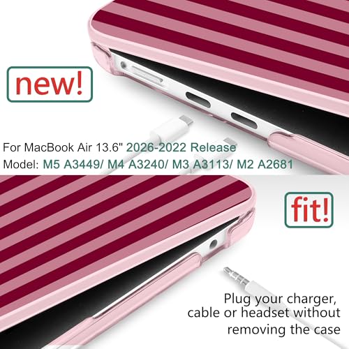 DONGKE for MacBook Air 13 Inch (13.6 Inch) Case, M5/M4/M3/M2 Chip 2026 2025 2024 2023 2022, Hard Plastic Printed Cover with Screen Protector & Keyboard Cover & Dust Plugs, Red & Pink Stripes by DONGKE - Image 3
