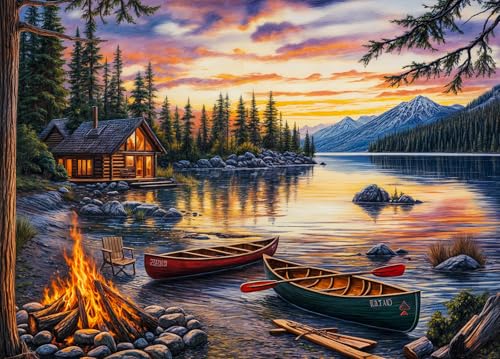 Lakeside Cobin Jigsaw Puzzles 1000 Pieces for Adults Cozy Campfire Canoes 1000 Piece Jigsaw Puzzles for Adults by DKijoys - Used condition - US$11.66