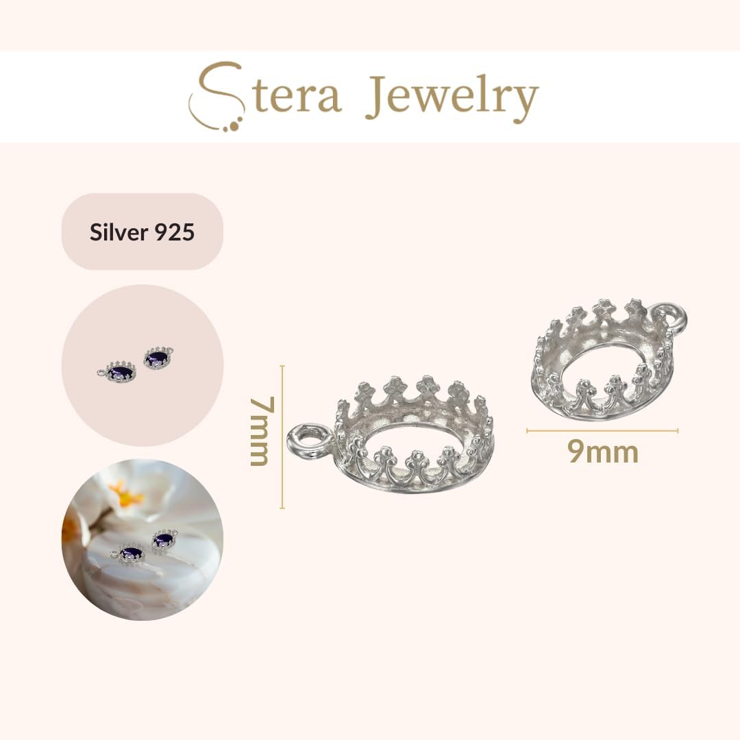 Antique Style 925 Sterling Silver 7x9 mm Bezel Oval Setting with Decorative Crown Trim and 1 Loop Findings for DIY Pendants Charms or Earrings, 4 Pcs