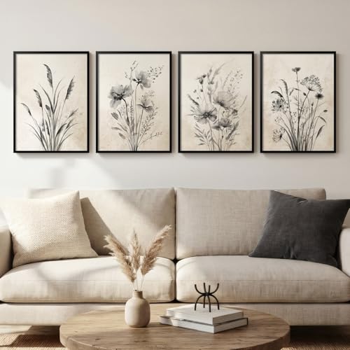 Framed Vintage Botanical Wall Art, 4 Piece Neutral Rustic Boho