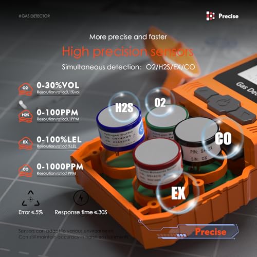 XLA Alert Portable 4 Gas Monitor Multi Gas Detector，Portable Gas Detector Rechargeable 4 Gas Monitor Ex H2s Co O2 with LCD Display Sound Light Shock confined Space air Monitor (Orange) - Thumbnail 5